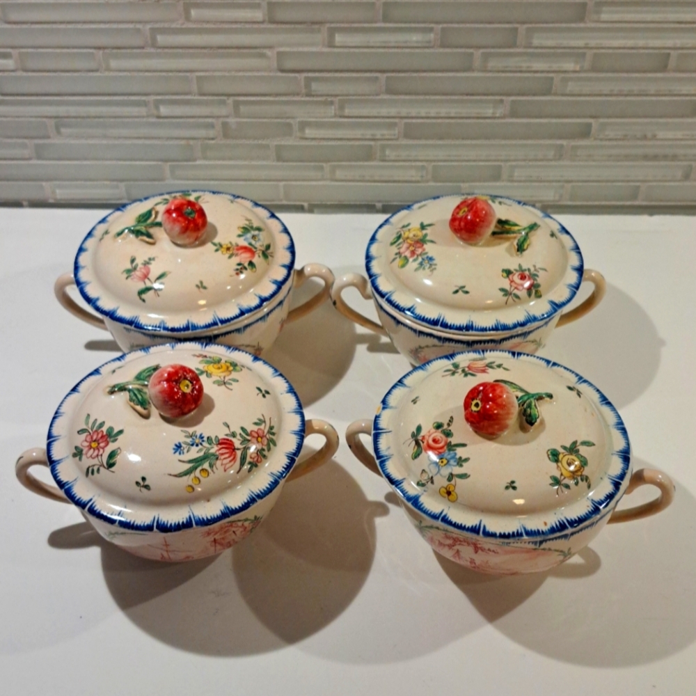 4 Vtg Small Soup Tureens. Cherry on Top. French?